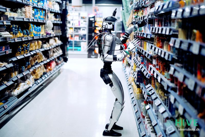 HIVE humanoid robot reaching for a product on a shelf