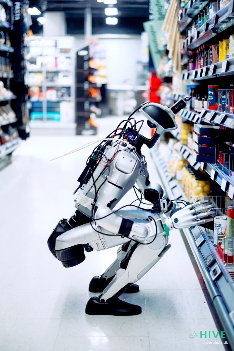 HIVE humanoid robot crouching to restock a lower shelf