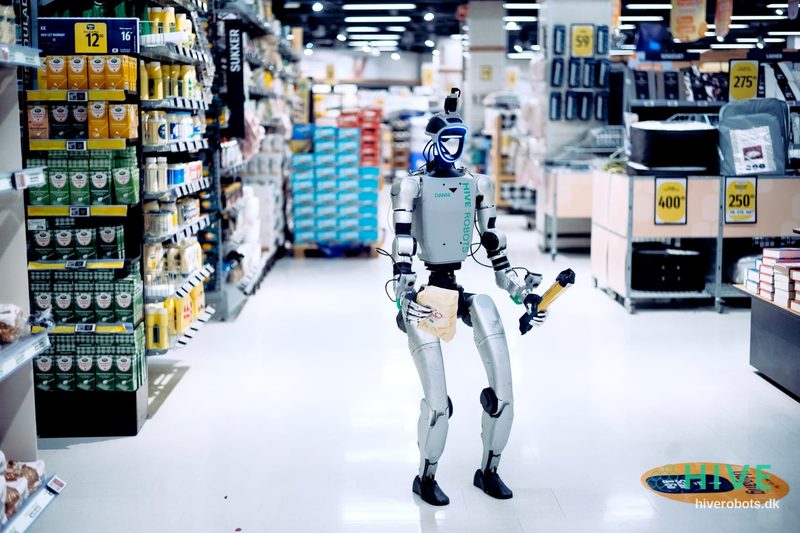 HIVE humanoid robot standing in a supermarket aisle holding groceries