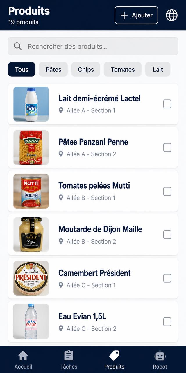 HIVE store app product list with product photos and aisle and section locations for night-shift replenishment