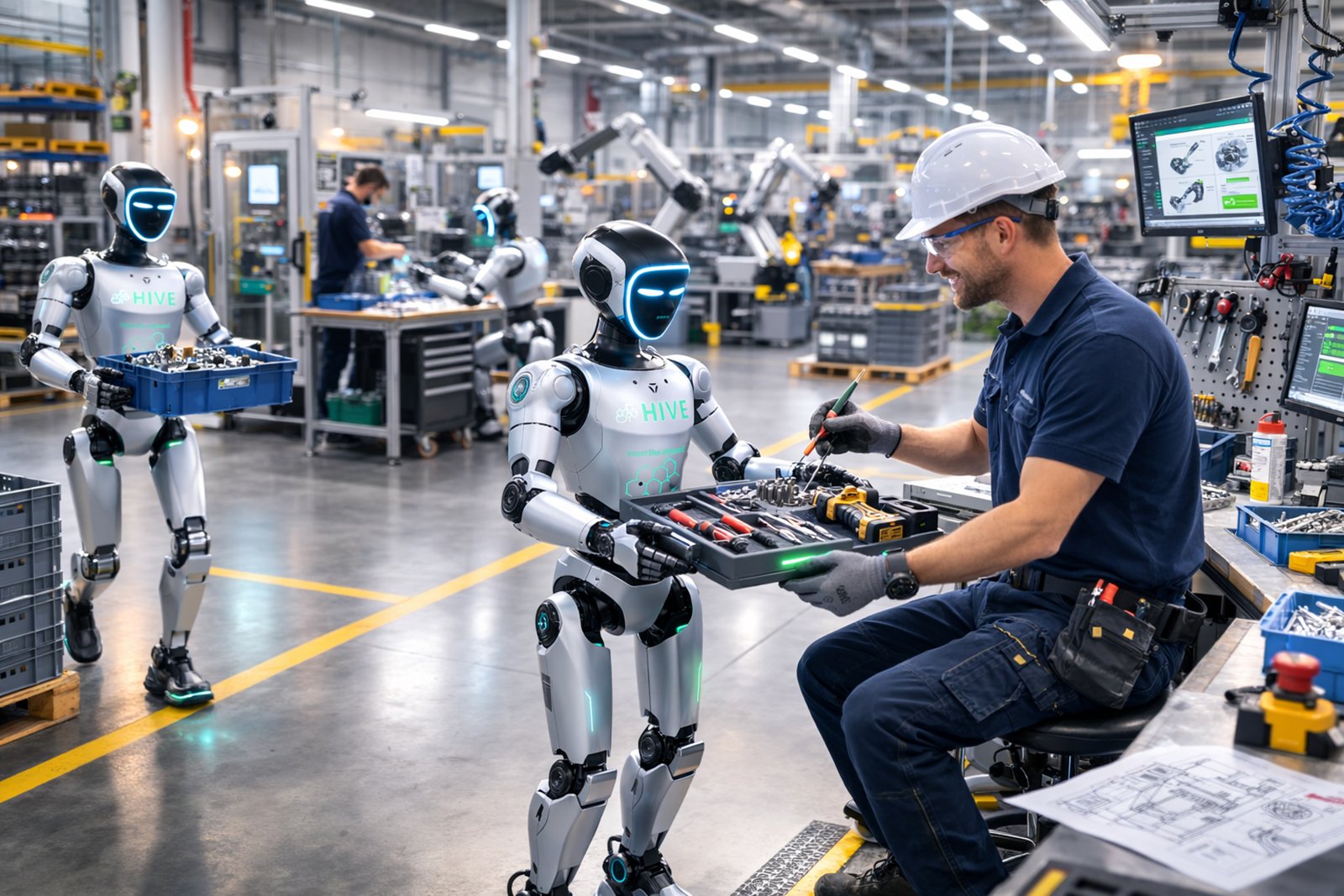 Humanoid robots handing tools to a technician on a factory assembly line