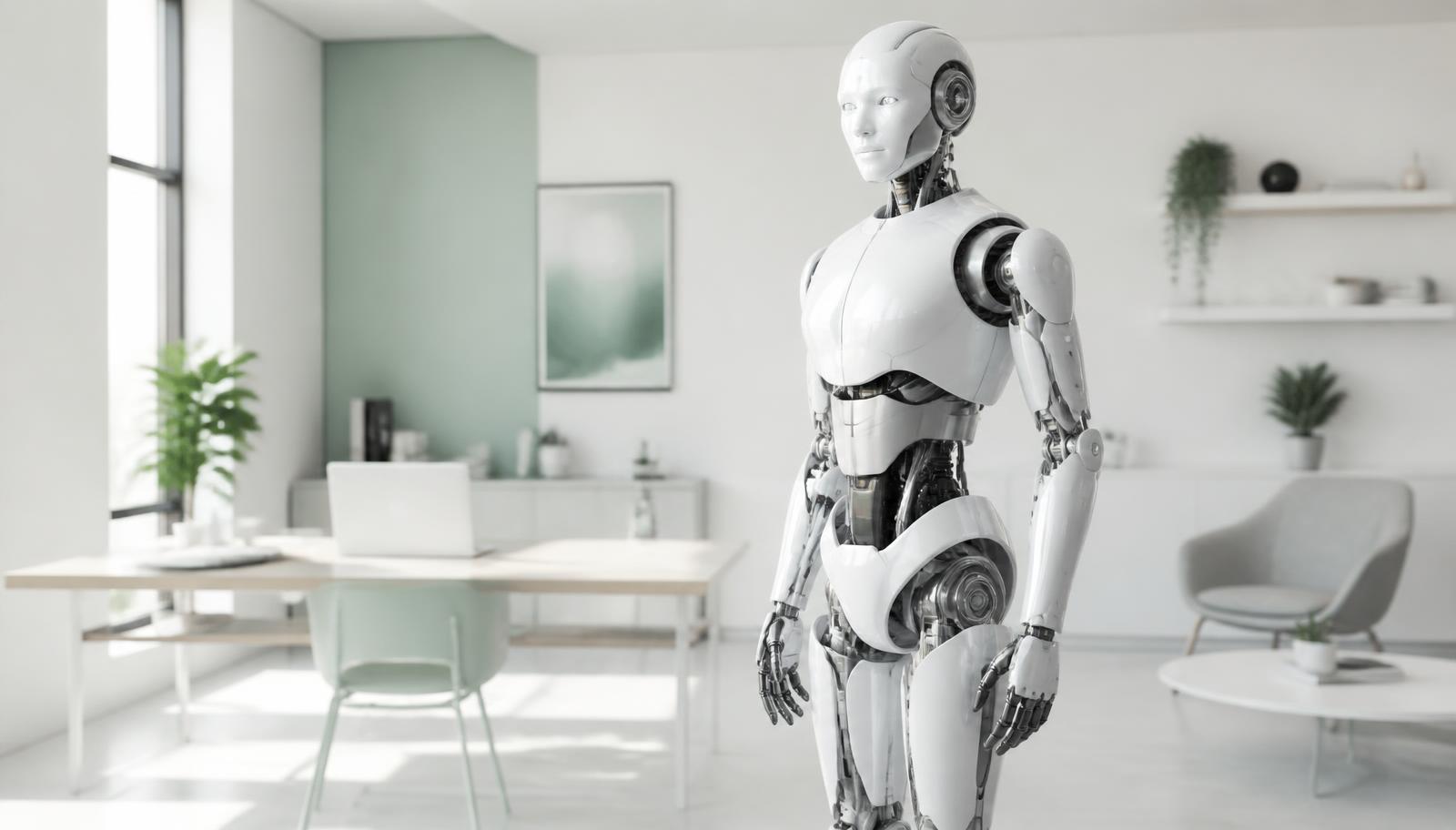 A humanoid robot standing in a bright modern office workspace